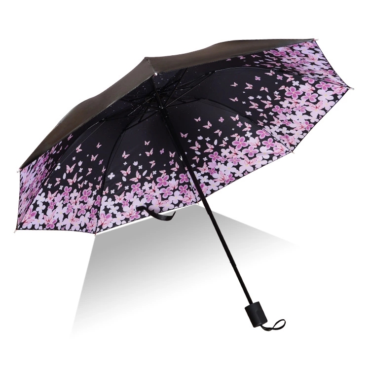 【蝶念花】外黑胶晴雨伞 三折防嗮遮阳伞 折叠晴雨两用伞 实用促销礼品