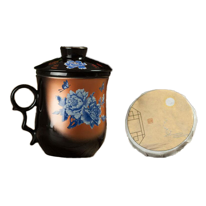 青花牡丹中秋茶饼礼盒 黑釉陶瓷办公茶杯+大红袍茶饼锦盒套装 商务中秋礼品