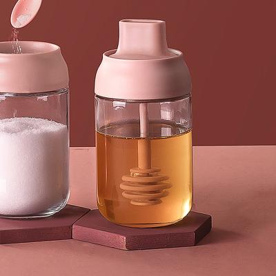 防潮盖勺一体调味罐 玻璃蜂蜜瓶--250ml（卡粉色）