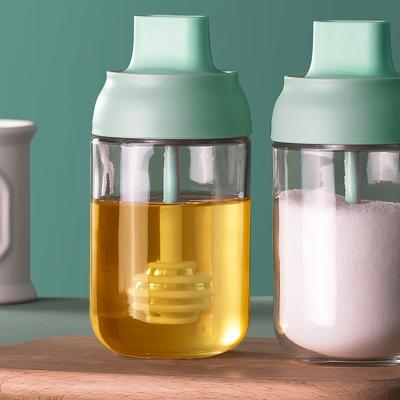 防潮盖勺一体调味罐 玻璃蜂蜜瓶--250ml（卡绿色）