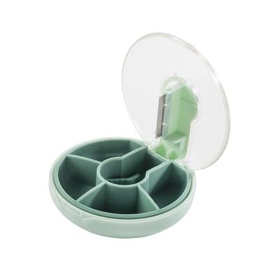 便携圆形四分格双层密封药盒 带切药片器--草绿色