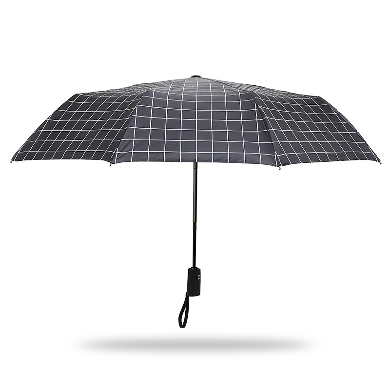 自动款简约格纹三折伞 折叠防晒黑胶伞 晴雨伞定制