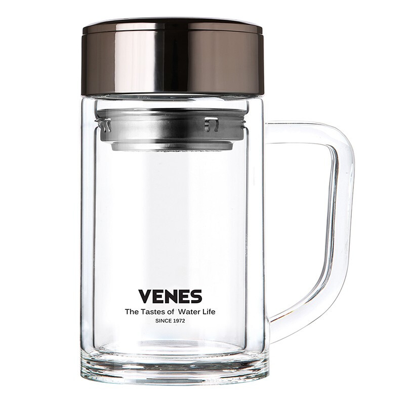 菲驰（VENES）风范玻璃办公杯带茶隔提手双层玻璃杯350ML 礼品订制
