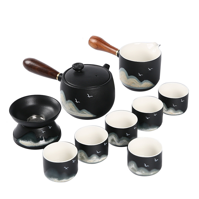 创意日式复古陶瓷泡茶壶客厅家用茶具 10头黑陶侧把壶茶具套装 创意伴手礼