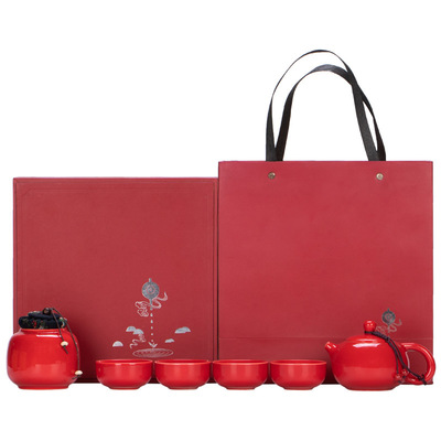 简约纯色功夫茶具套装 陶瓷茶壶+四茶杯+茶叶罐  公司年会送客户礼品