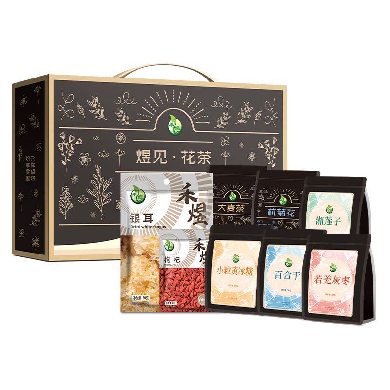 【禾煜煜见花茶910款】若羌灰枣百合干小粒黄冰糖银耳大麦茶杭菊花湘莲子枸杞组合套装 夏季礼盒