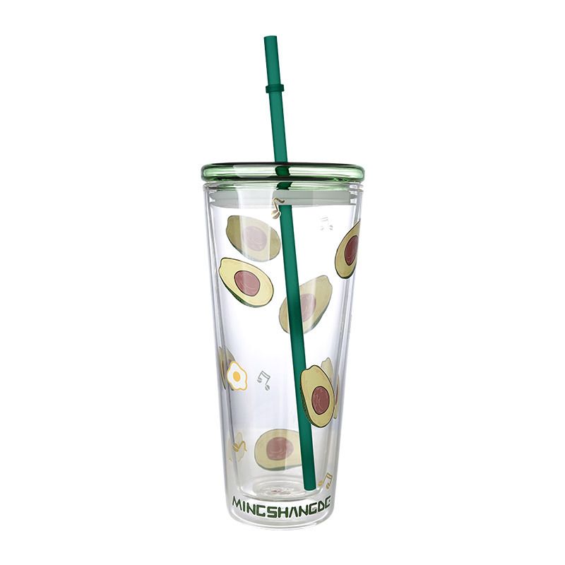 牛油果吸管杯 双层玻璃带盖奶茶牛奶杯子600ml 实用活动奖品