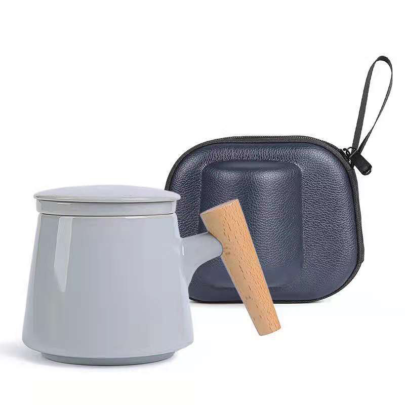 创意木柄陶瓷办公杯 带盖过滤茶杯茶水分离泡茶杯