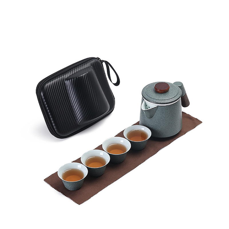 黑陶木柄马克杯一壶四杯便携旅行茶具套装 高颜值四色釉面旅行茶具 送客户什么礼物好
