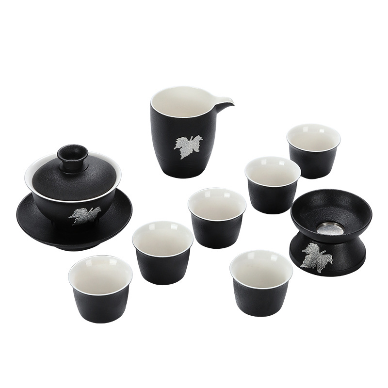 简约10头日式黑陶功夫茶具套装 大号黑陶盖碗镶锡茶具套组 商务礼品都有哪些