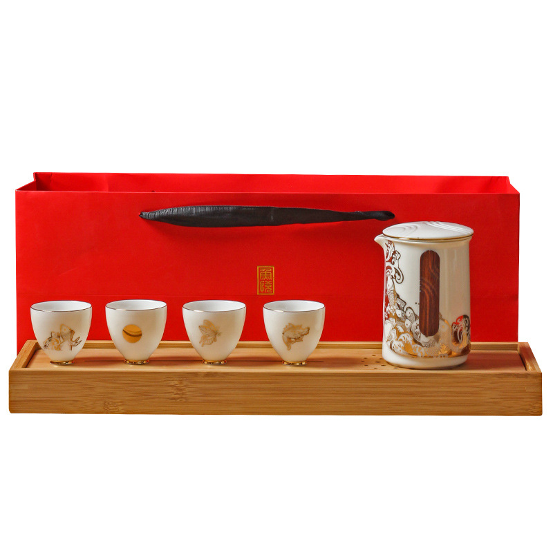 【鱼跃龙门】开门红猪油白高岭土茶礼品 茗杯茶盘茶具套装 