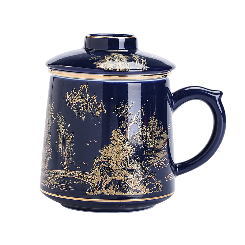 霁蓝陶瓷鎏金办公水杯 带盖内胆过滤茶水分离泡茶杯 商务礼品