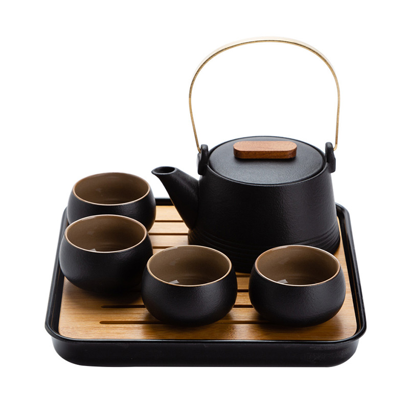 黑陶便携旅行茶具套装 提梁壶一壶四杯茶盘粗陶茶具组 商务活动礼品