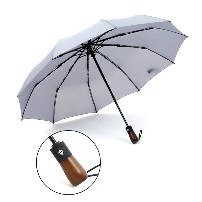 木柄十骨防风雨伞 三折全自动晴雨折叠伞 商务雨伞定制