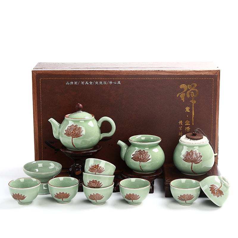 哥窑浮雕荷花创意功夫茶具礼盒套装 一支莲梅子青哥窑茶具 房地产开业伴手礼