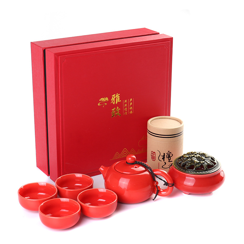定窑功夫茶具套装 陶瓷一壶四杯香炉檀香组合套装 送领导礼品