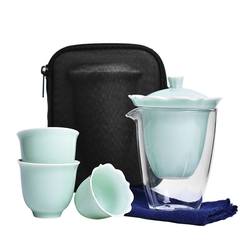简约青瓷快客杯 一壶三杯便携式旅行茶具 企业定制礼品