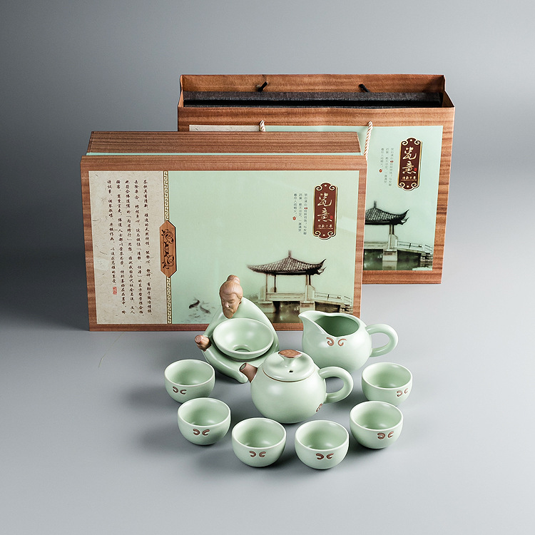 复古汝窑开片手工茶壶茶碗茶具 老叟浮雕茶漏底座礼盒 长辈送什么