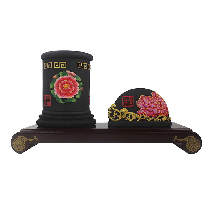 红芙蓉笔筒套装 活性炭雕家居饰品 商务礼品