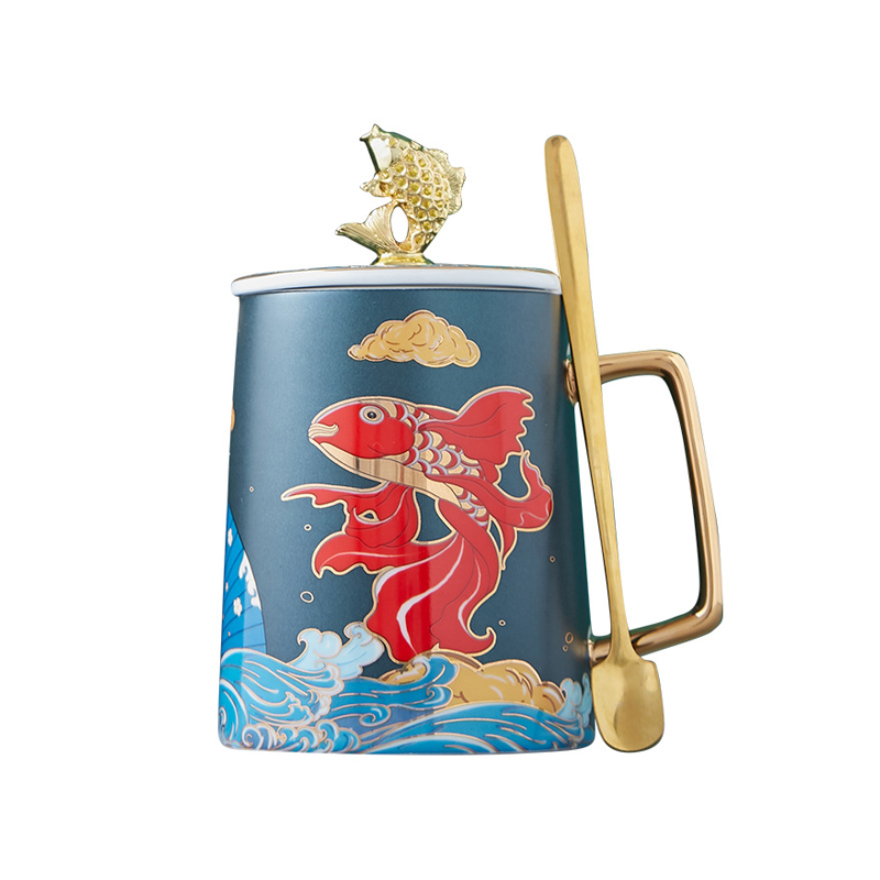 国潮系列鲤鱼马克杯 创意磨砂礼盒装水杯带盖带勺陶瓷杯450ml 员工福利奖品