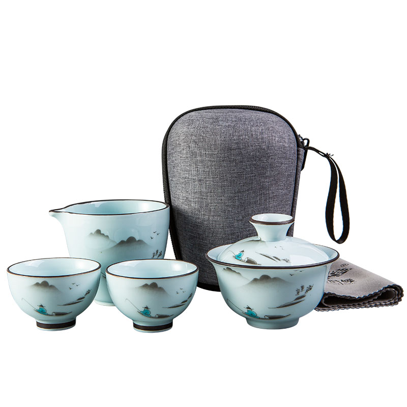 古时候 中国风功夫茶具套装瓷器自在小系列 高温窑烧旅行茶具套装便携包 商务办公伴手礼