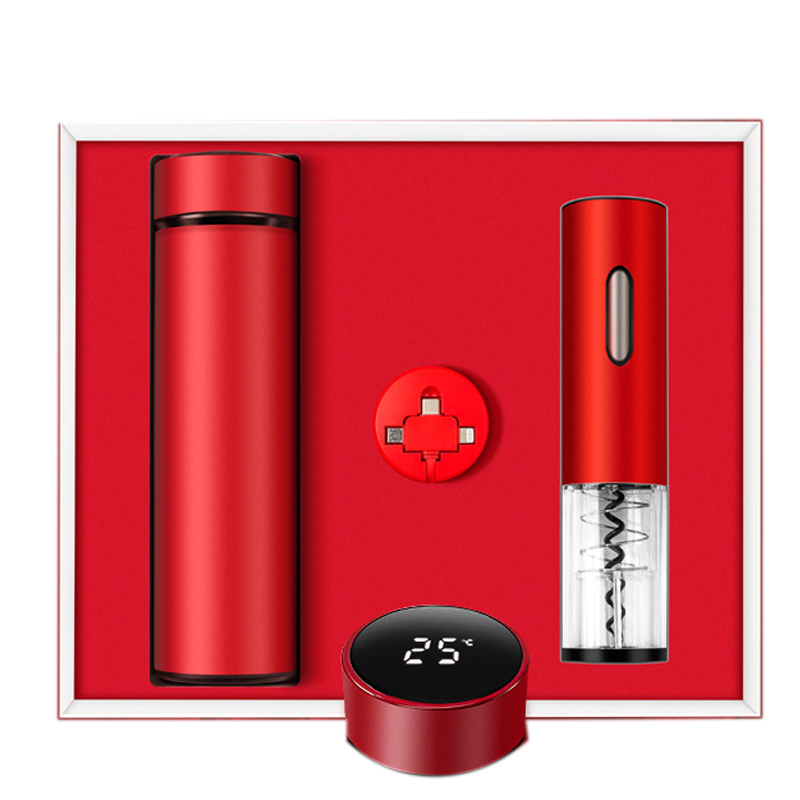 经典好礼商务礼盒套装 电动红酒开瓶器+温显保温杯+一拖三数据线 企业商务礼盒