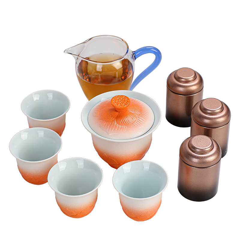【步步莲升】粗陶渐变黑陶茶具套装 女士泡茶壶粉色少女心陶瓷功夫茶具 送领导礼品
