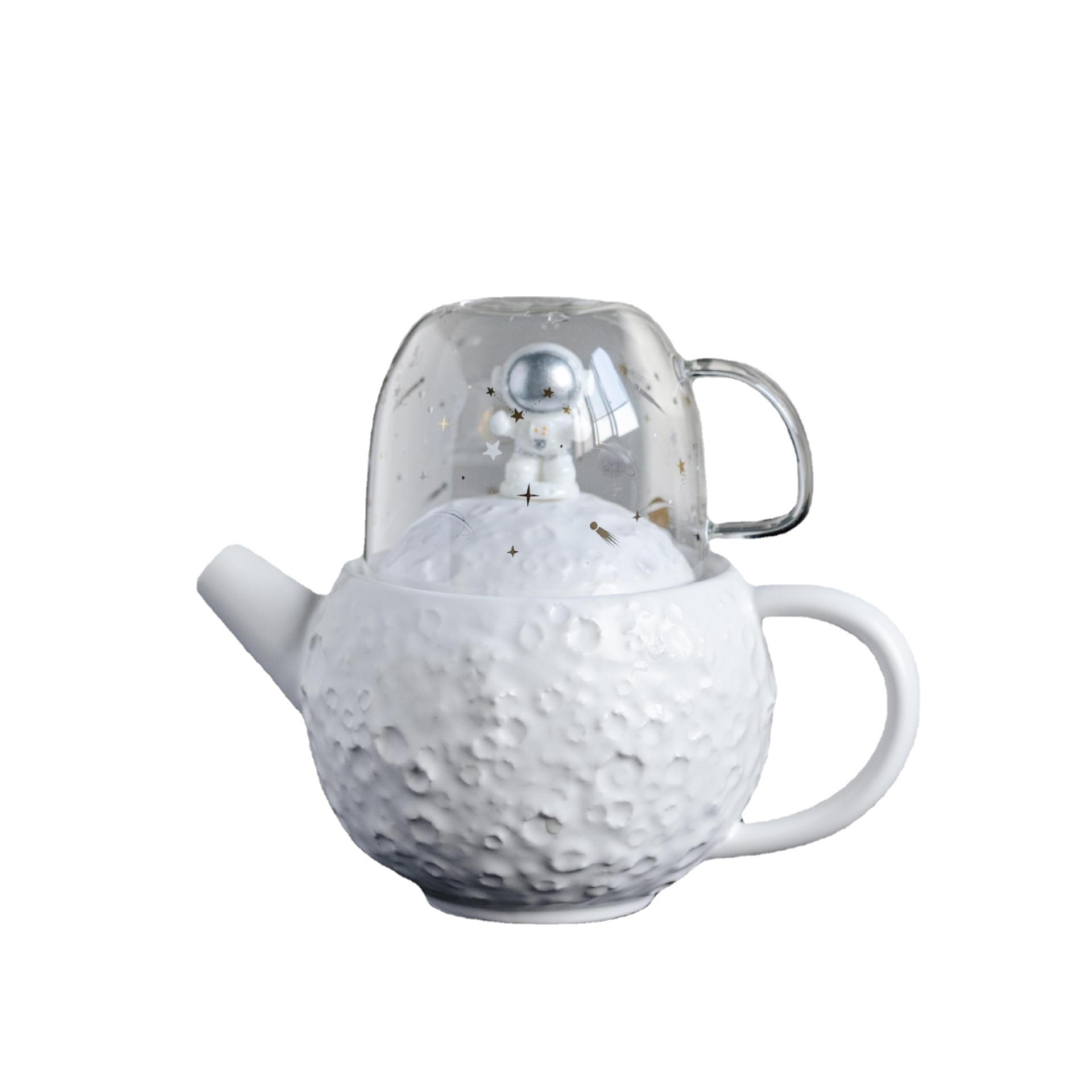创意宇航员星球茶壶套装  月球陶瓷茶壶+星空玻璃杯 潮流茶具礼品