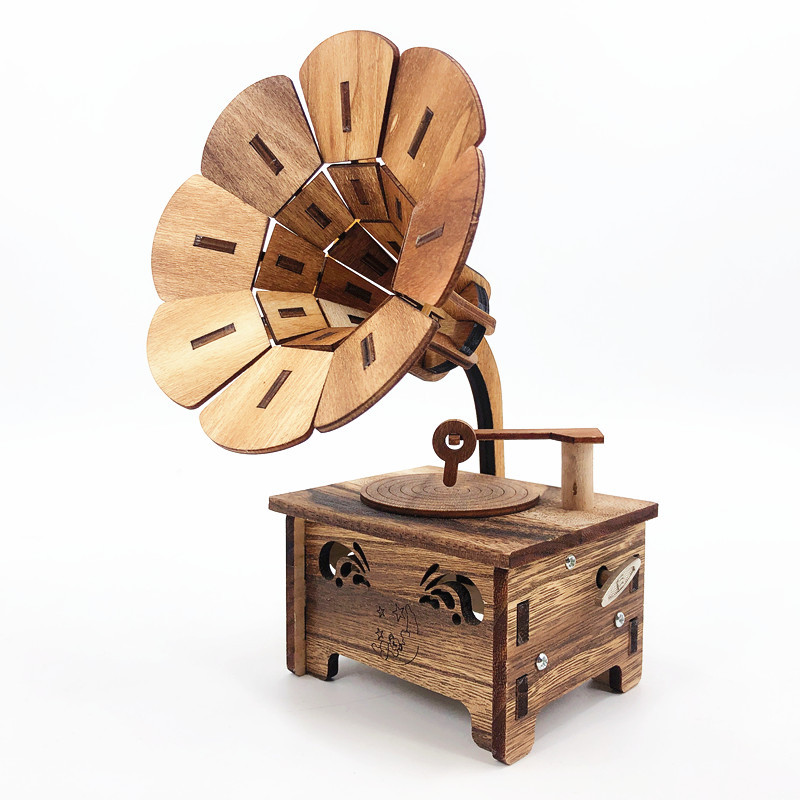 创意木质工艺品八音盒摆件 木制留声机模型 工业风格