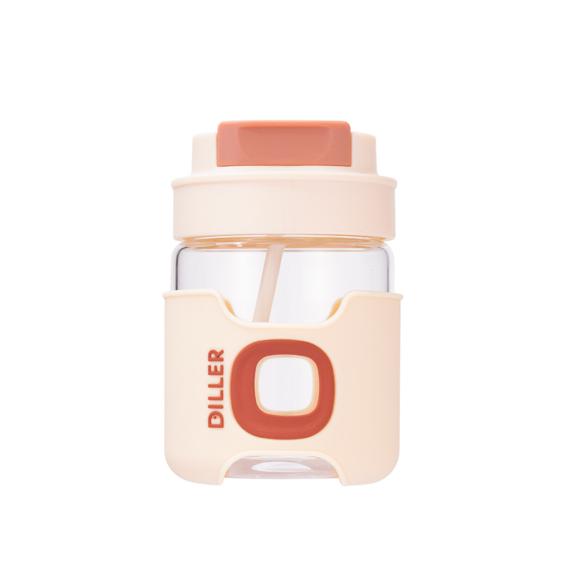韩式玻璃杯简约双饮水杯 耐高温带吸管咖啡牛奶杯360ml 实用活动奖品
