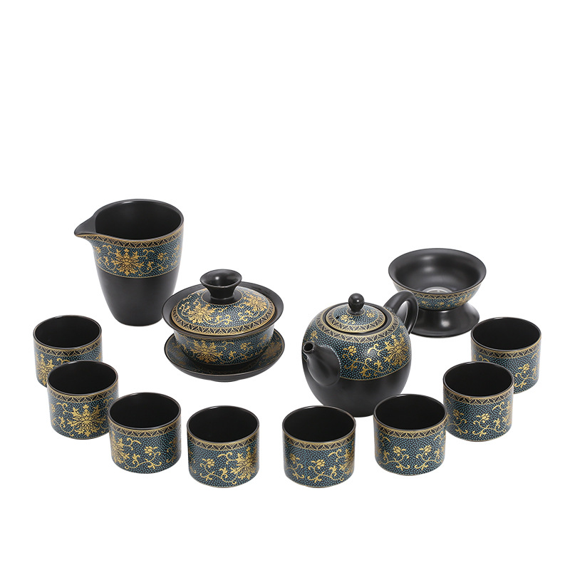 复古盖碗泡茶壶茶海鎏金堆花功夫茶具 家用整套陶瓷茶杯套装 商务礼品套装