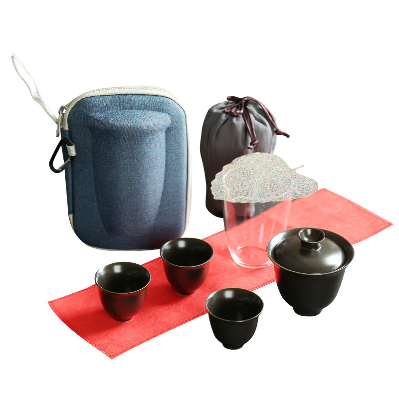 盖碗便携式一壶三杯旅行茶具套装 茶巾茶杯过滤叶功夫茶具套装 开业礼品