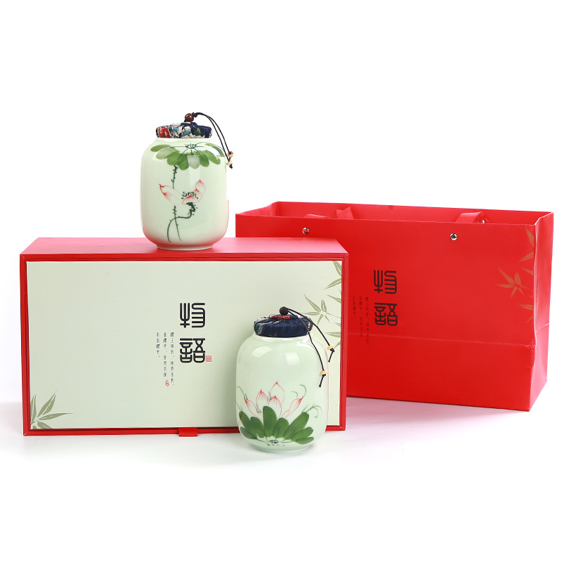 青瓷手绘荷韵双罐套装 陶瓷密封储物罐茶叶罐礼盒套装 送领导礼物