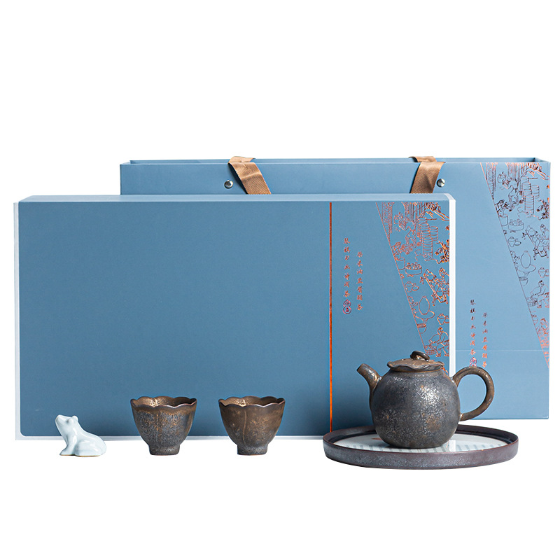 【荷塘月色】日式复古陶瓷茶具套装 带茶盘茶具礼盒 高档商务礼品