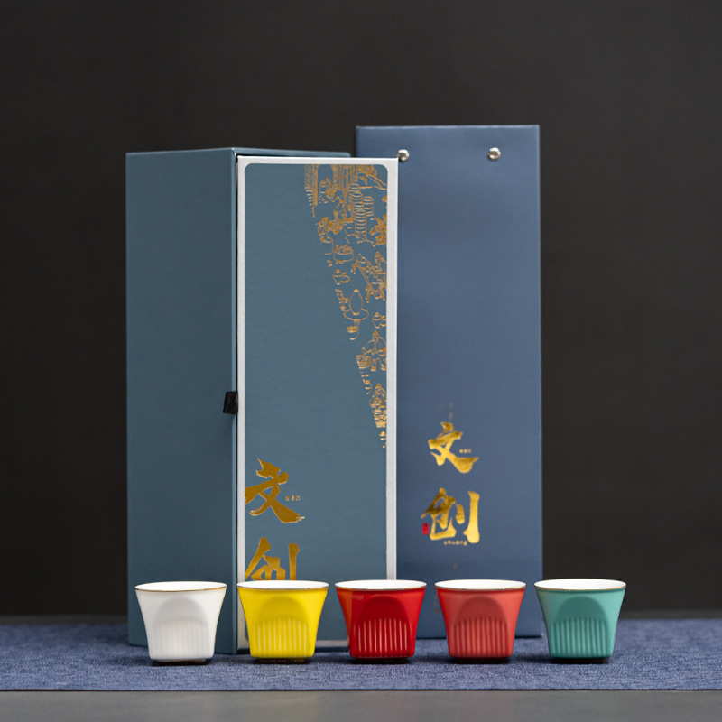 【五福临门】粗陶功夫茶具礼盒套装 复古典雅窑变主人杯单个陶瓷茶杯*5礼盒装 送领导什么好