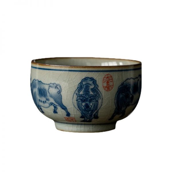 老陶泥柴窑五牛图品茗杯 仿古茶杯高端手工茶具礼盒 高档礼品