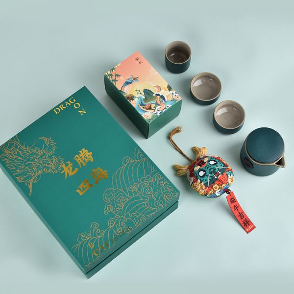 【龙腾四海】2022年端午创意茶具礼盒 快客茶具+正山小种红茶+艾草香包 端午礼品送什么