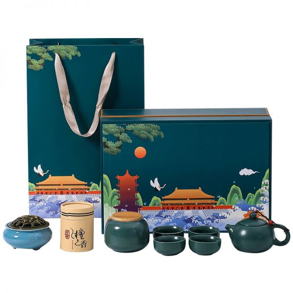 中国风文创青瓷茶具套装 创意国潮一壶四杯茶罐茶具香器礼盒 商务伴手礼