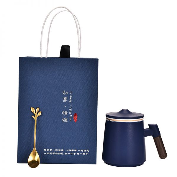 【私享·情怀】黑陶马克杯陶瓷木把带盖过滤茶水分离杯礼盒 带勺办公室家用泡茶商务水杯 父亲节送什么