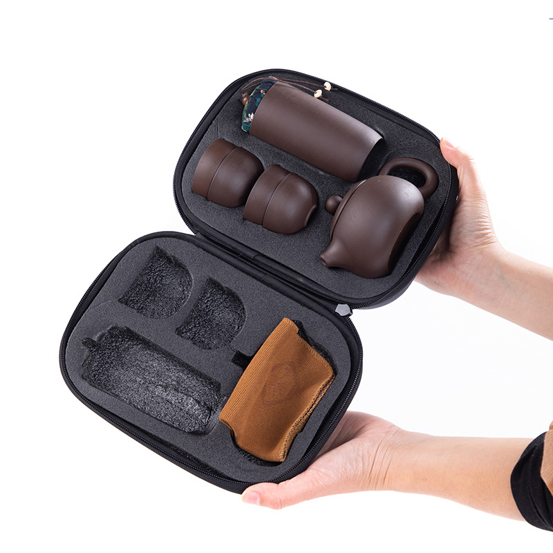 紫砂陶瓷旅行茶具套装 便携式一壶四杯一罐快客杯茶巾便携包套组 实用伴手礼