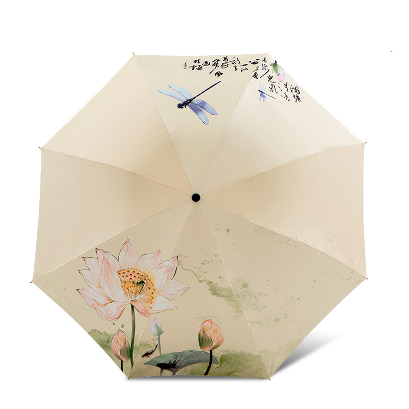 古风立夏荷塘三折雨伞 印花黑胶晴雨两用折叠伞 夏季雨伞礼品