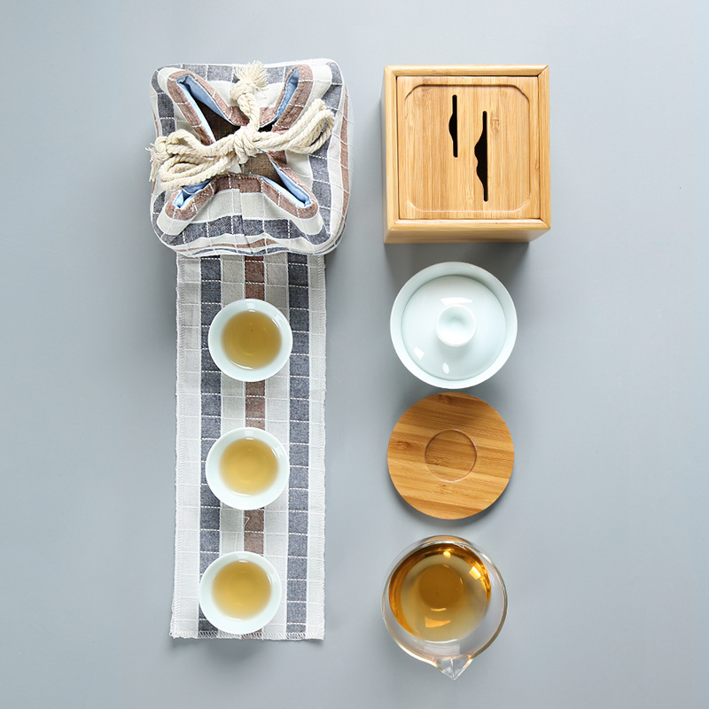 山间竹影茶具套装 盖碗+碗盖+品茗杯+茶海+竹托+收纳盒+茶席+收纳包 便携茶具礼品
