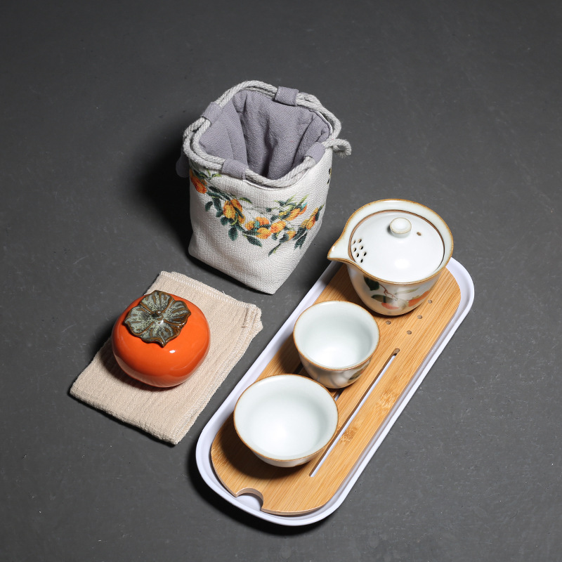 月白汝窑柿子茶具套装  快客杯+布袋+茶盘+茶巾+茶叶罐 古风茶具礼品