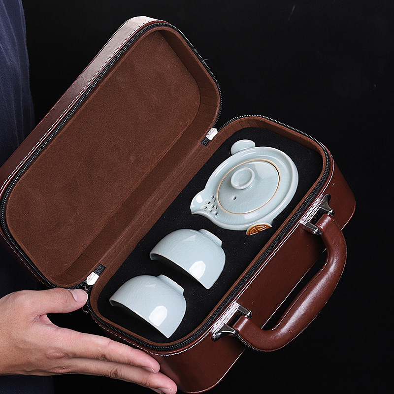 汝窑快客杯旅行茶具小套装 一壶二杯便携式茶具 中秋礼品
