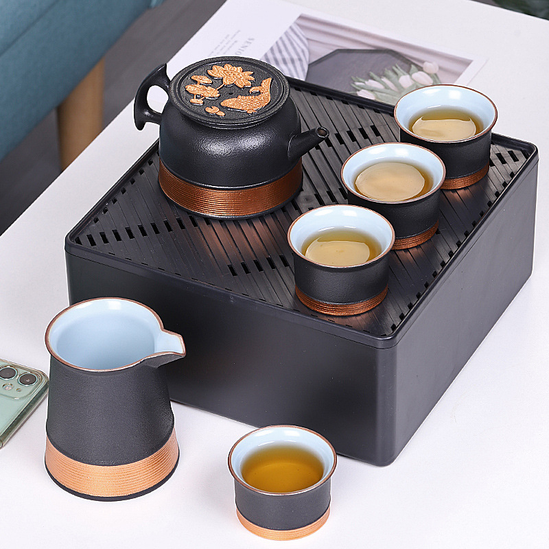粗陶如意莲鱼旅行装 茶壶+茶杯*4+公道杯+收纳盘茶盘+皮包 活动纪念礼品