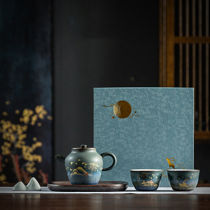 墨瓷快客杯带盘套组 茶壶+茶杯*2+茶盘+小山摆件 答谢伴手礼