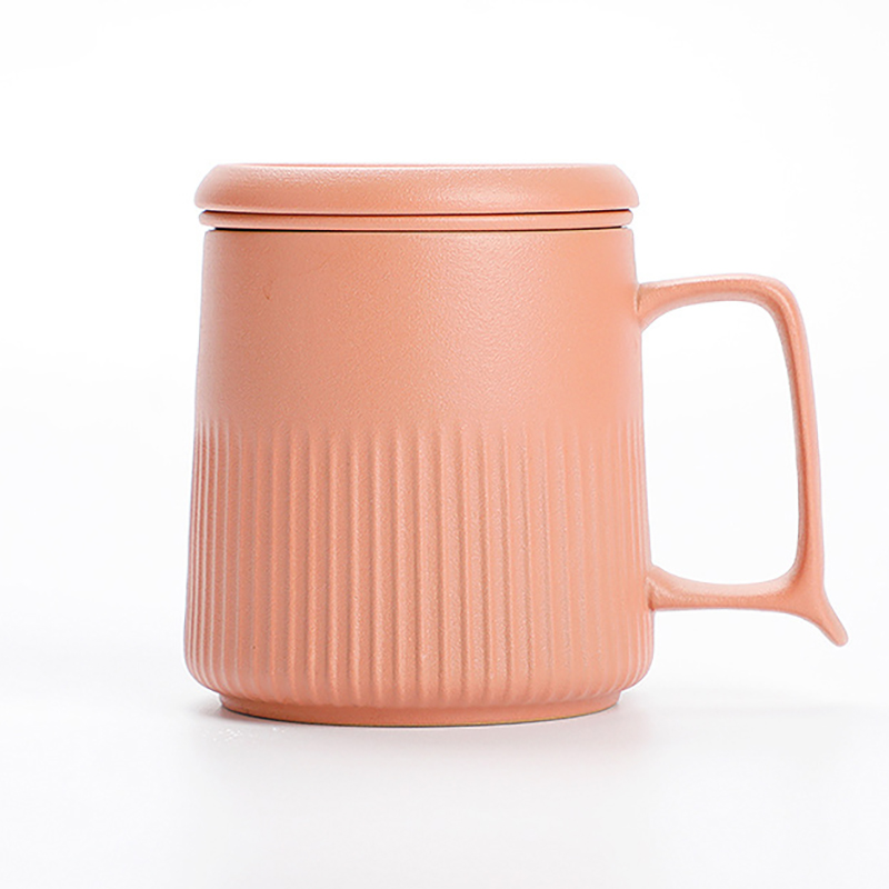 极简陶釉竖纹陶瓷茶水分离杯350ml 纯色带杯盖过滤办公马克杯水杯 送员工礼品