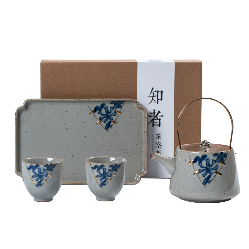 仿古金缮功夫茶具套装 一壶二杯+干泡盘+礼盒 中式茶具礼品