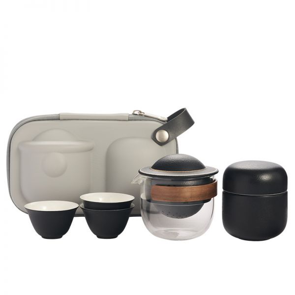 ET便携旋转快客杯套装 一壶三杯+茶叶罐 时尚茶具礼品