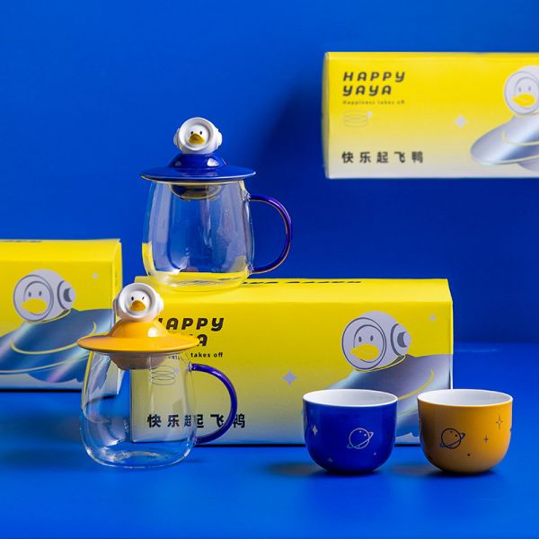 【快乐起飞鸭】高颜值玻璃带盖水杯 创意可爱鸭鸭陶瓷杯子泡茶水杯咖啡杯 生日礼物